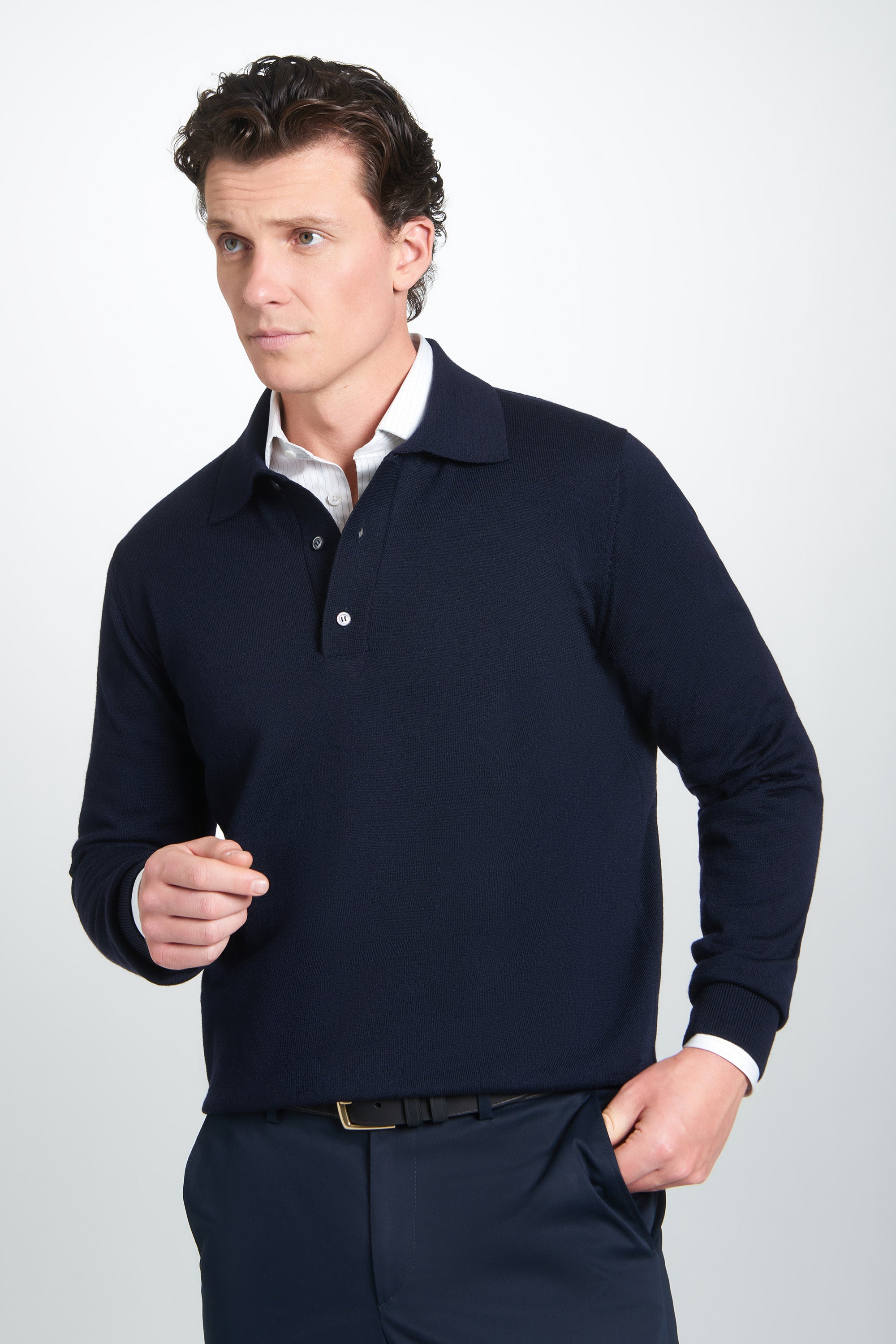 Navy Merino Wool Long Sleeve Polo Shirt