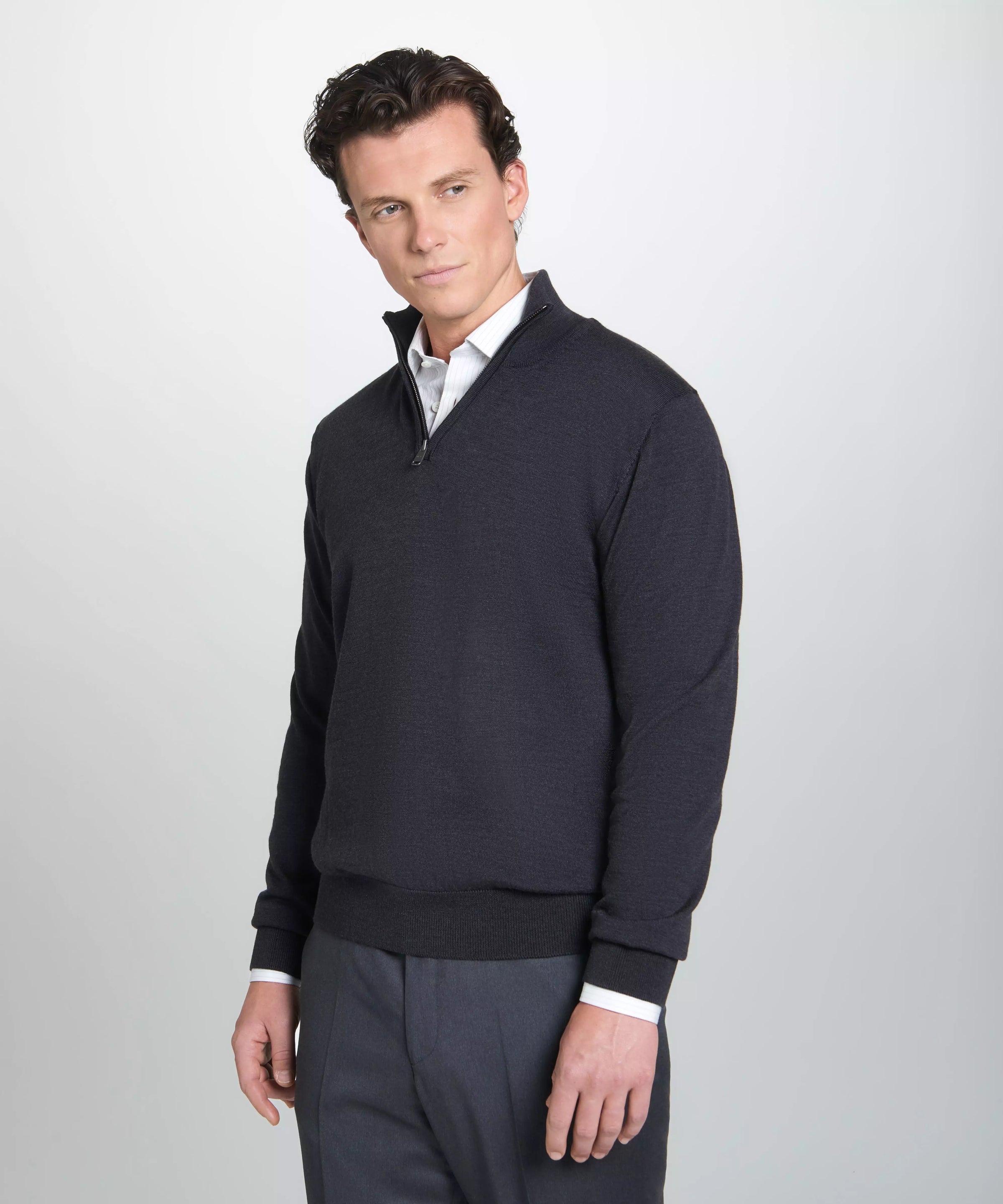 Grey Merino Wool Zip Neck Sweater